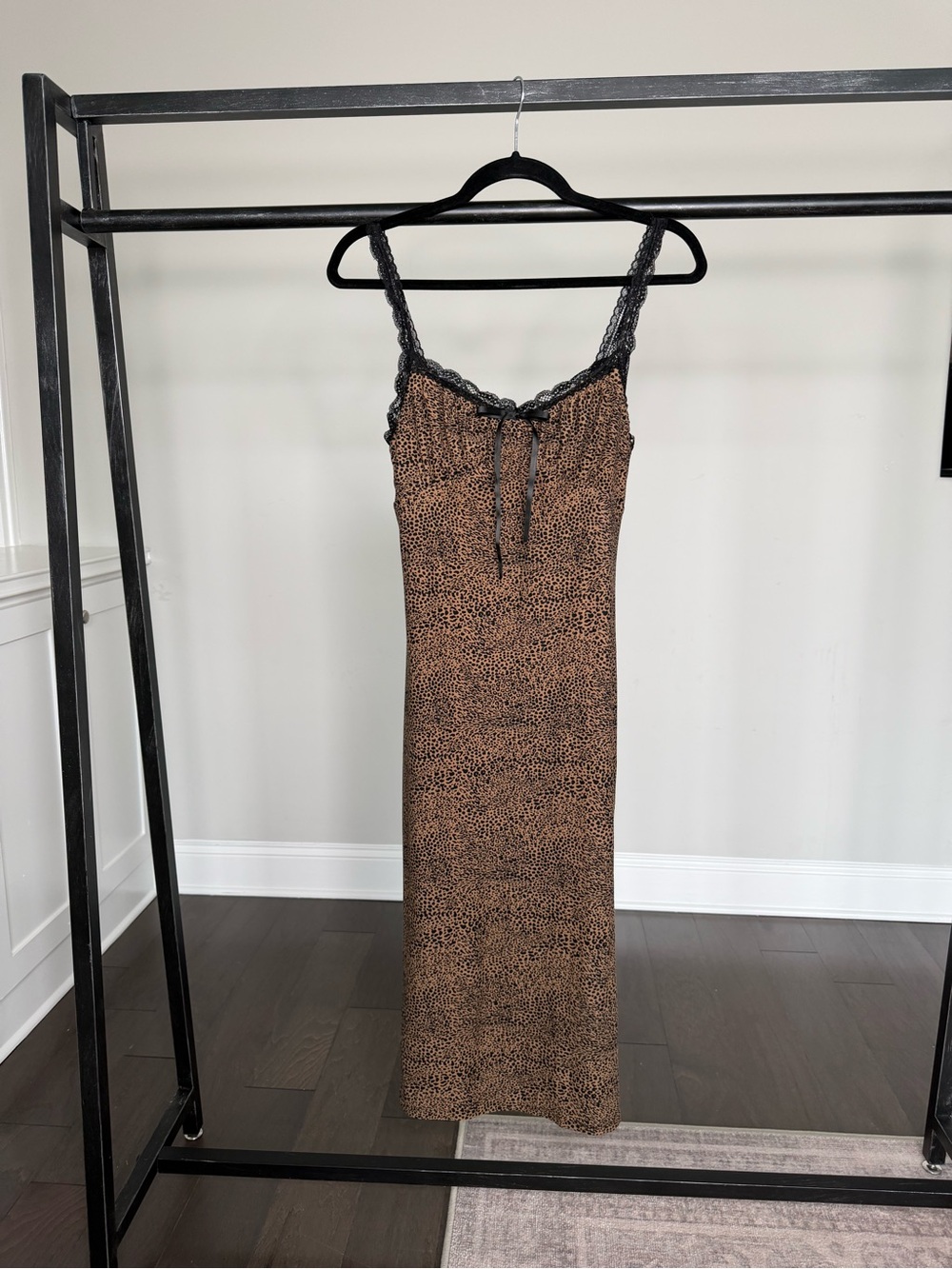 No Boundaries Brown Leopard-Print Maxi Slip Dress with Black Lace